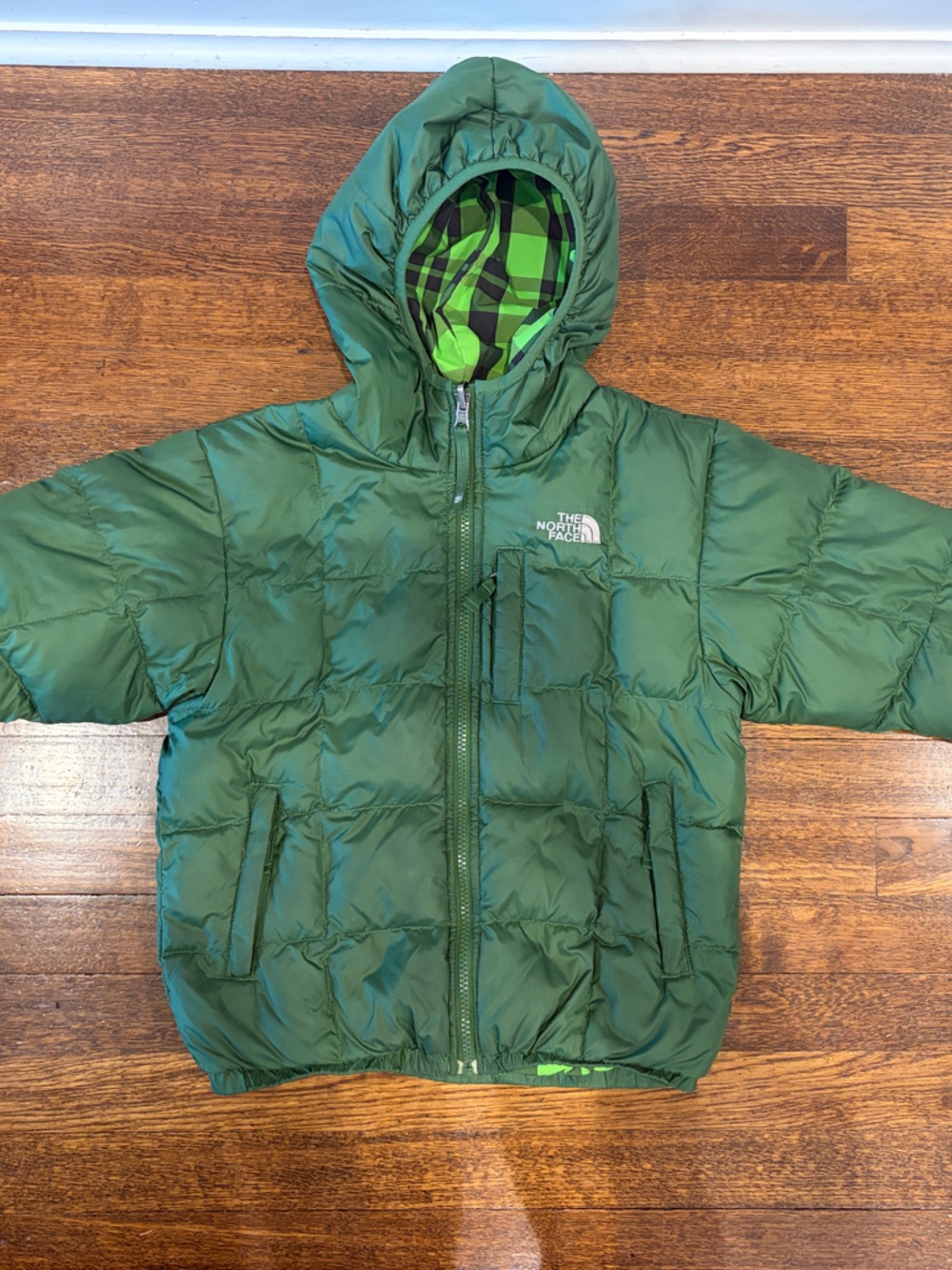 The North Face Kids Dark Green Hooded Puffer Jacket, boys 7/8, reversible